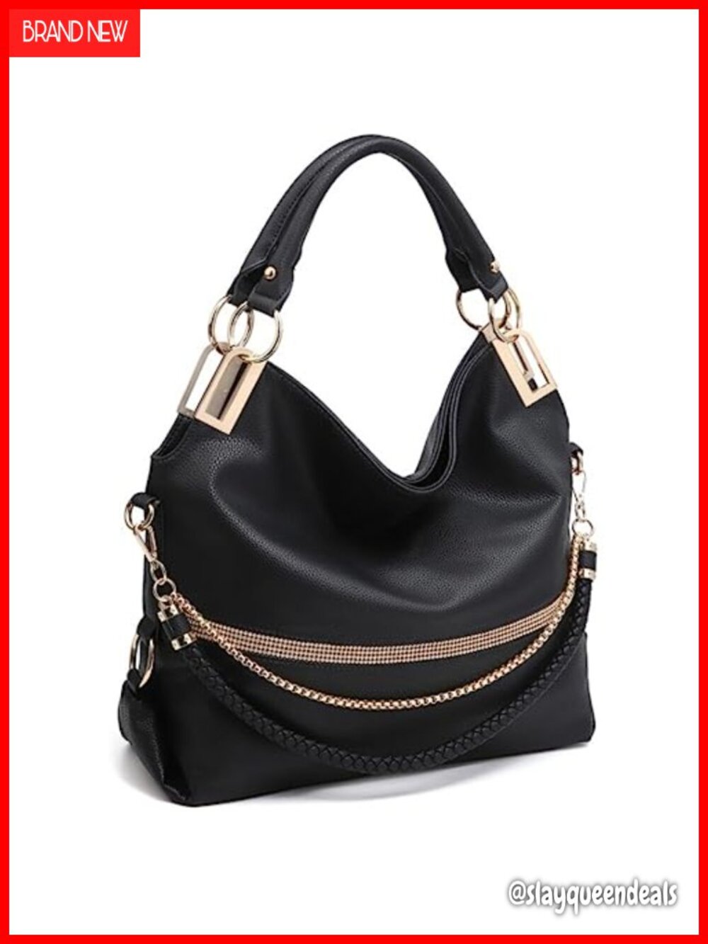 Large Hobo Bag Rhinestone Accents Vegan Leather Tote Shoulder Purse
